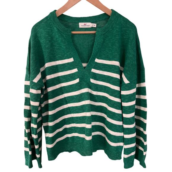 Vineyard Vines Cotton/linen Blend V-neck Sweater Kelly Green White Stripe Sz M - Picture 1 of 4